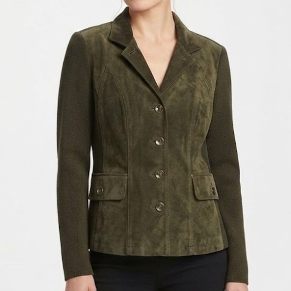 Linea Louis Dell'Olio Leather Jacket Women's 10 Green Suede Knit Button Front